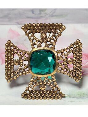 Vintage Green Stone Maltese Cross Brooch Pendant 2.5"